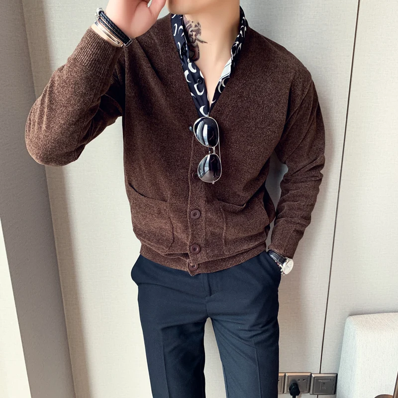 Осенне-зимний мужской кардиган в английском стиле однотонный Повседневный