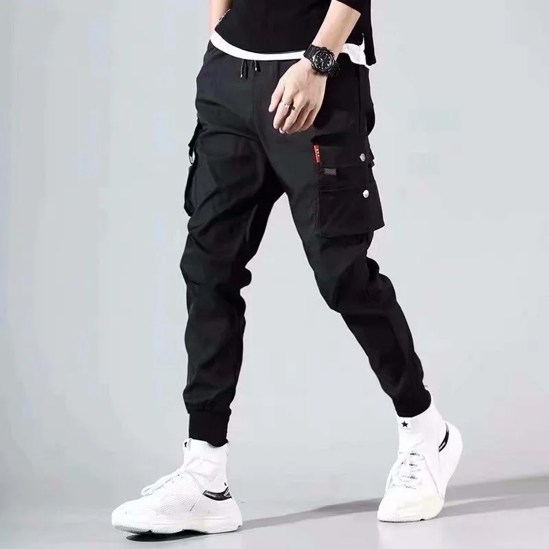 New Men Cargo Pants Black Ribbons Block Multi-Pocket Harem Joggers Harajuku Sweatpant Hip Hop Casual Tide Male Trousers | Мужская одежда