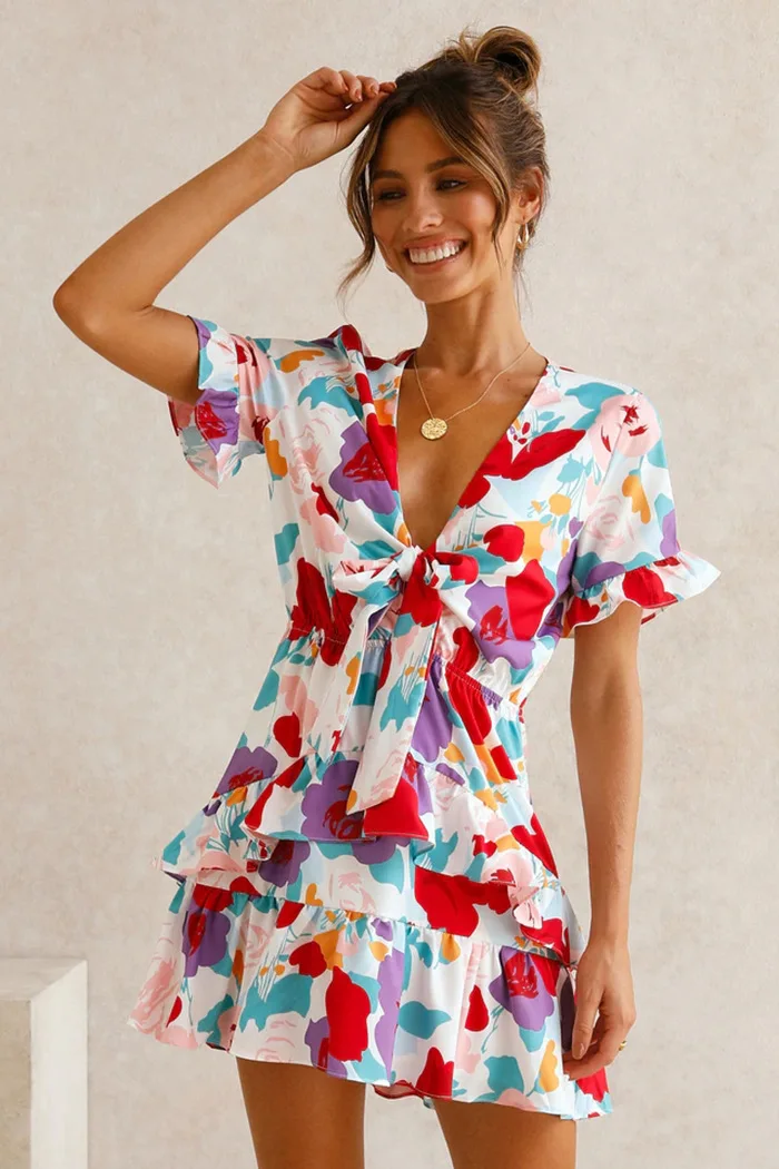 

Women Floral Print Dress Summer Bowknot Sexy V Neck Print Stitching Boho Beach Female Ruffle Dresses Mini Sundress Vestido