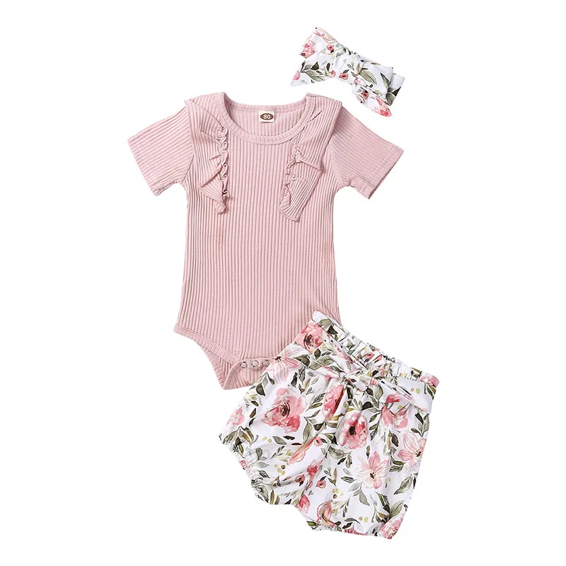 

Baby Girl Clothes Pink Short Sleeve Ruffle Button Closure Romper Short Flower Print Waist Belt Pants Children's Clothing 0-24M