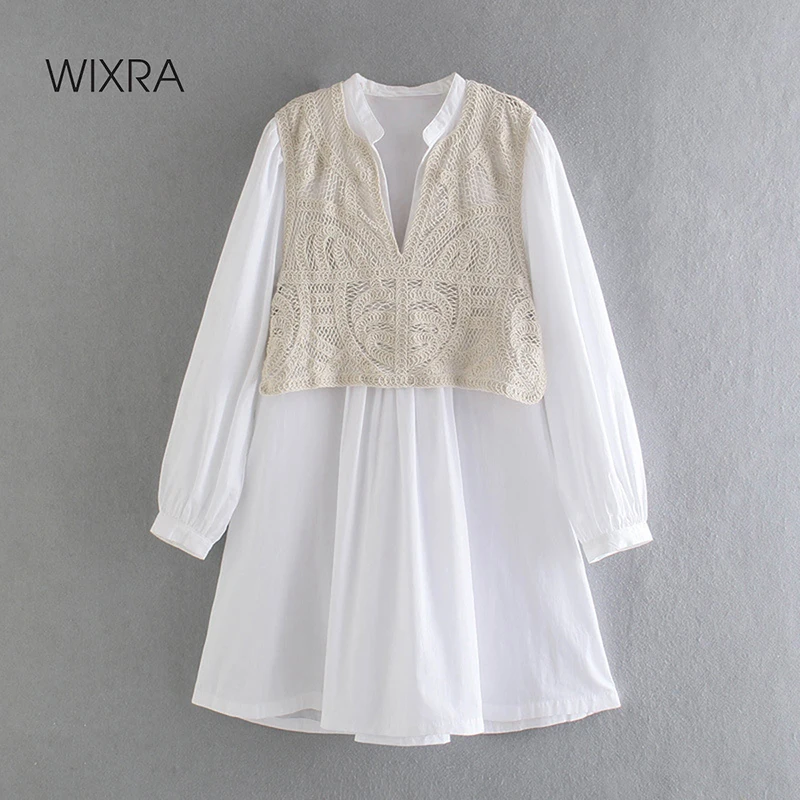 

Wixra Women Dress Pachwork V Neck Loose Full Sleeve Knee-Length Ladies Street Style Clothing 2021 Spring Summer