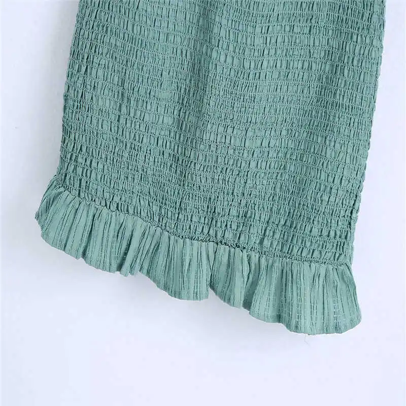 

2021 Textured Weave Mini Summer Dress Women Sleeveless Straps Ruffle Elastic Smocked Vintage Beach Dress Woman Green Dresses