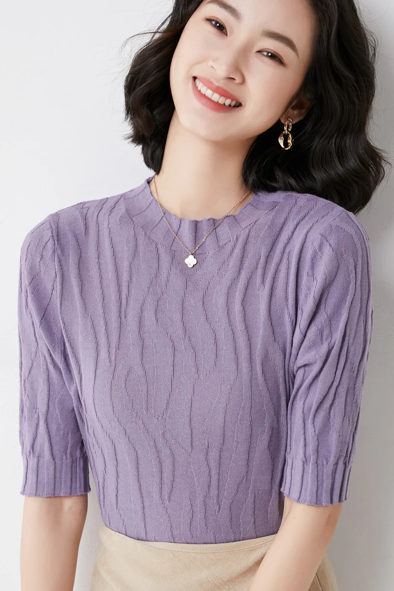 

2021 spring and summer new corrugated medium sleeve versatile T-shirt round neck Pullover foreign style knitwear slim top net