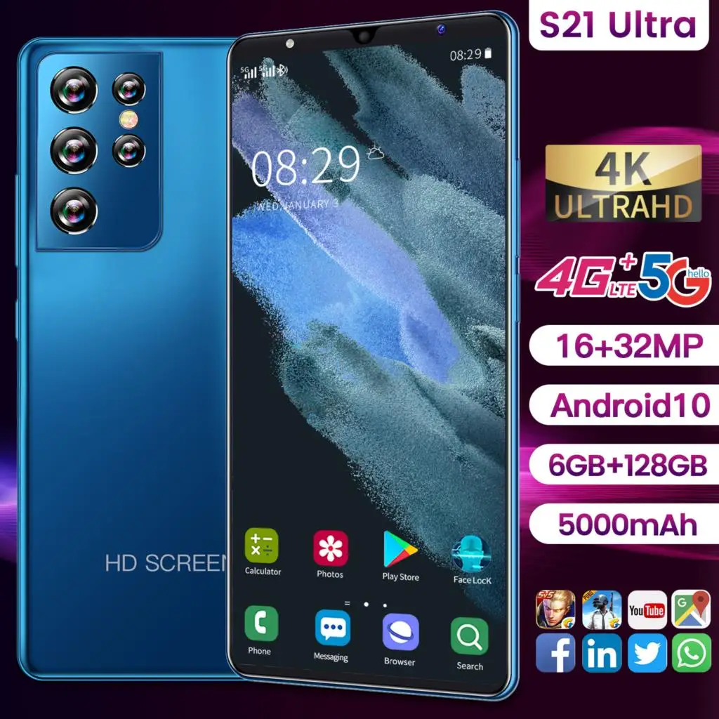 

S21U Face Unlocked Cell Phones Dual SIM 6+128GB Smartphone Android10 13MP+24MP Camera Mobile Phones Support Multi-Languauge