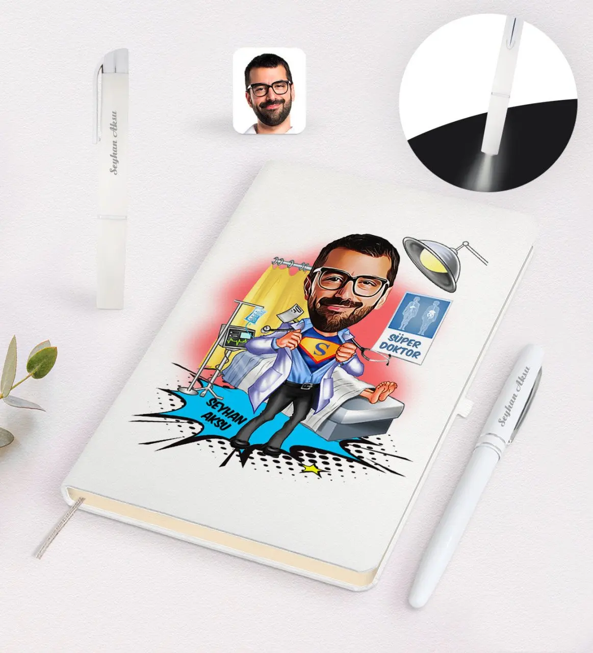 

Персонализированные Для мужчин доктор карикатура ручка для записной книжки и пальчиковые фонарик подарок Seti-1