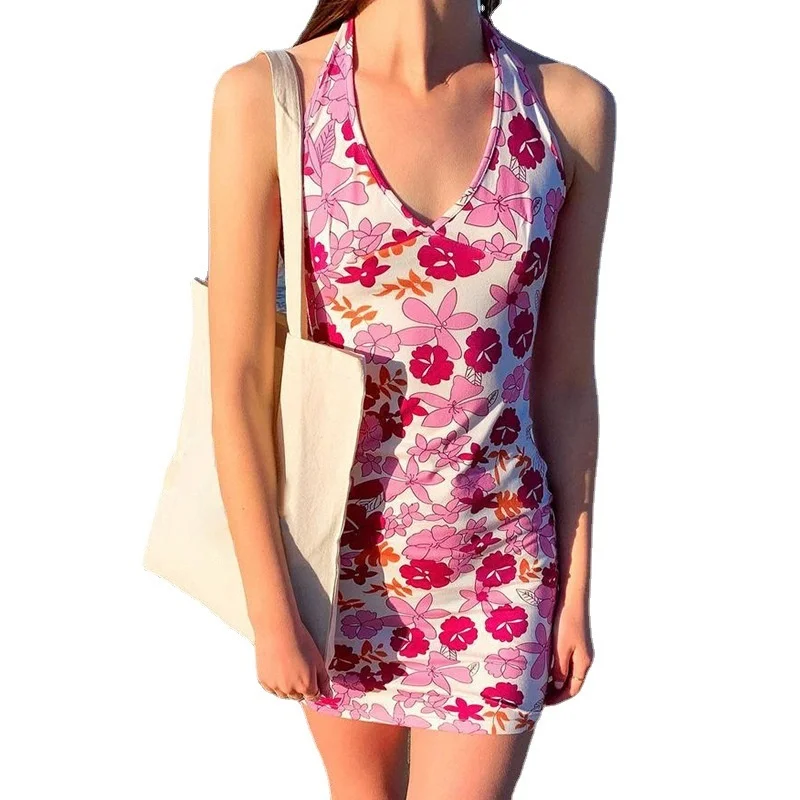 

Floral Print Bodycon Dress Women Sleeveless Backless V Neck Halter Y2K Dresses 2021 Casual Sexy Pink Lace Up Party Beach Dress