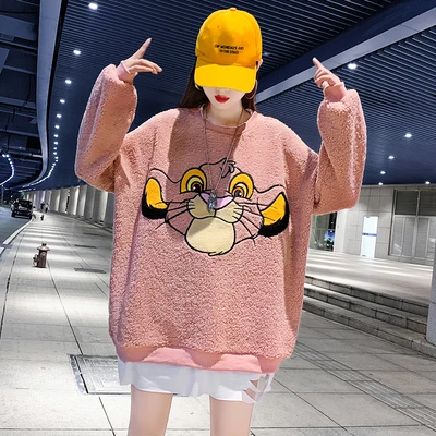 pink Поддельные из двух частей утолщаются плюс бархат толстовка женский свободный корейский студентов дикий мультфильм печати с длинным рукавом пуловер Топы - Цвет: pink