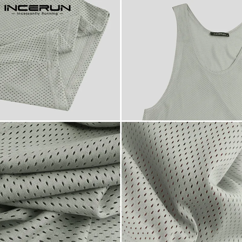 

Men Bodysuit Mesh Pajamas Boxers Solid Sleeveless Breathable Sexy Jumpsuit Slim 2021 Sleepwear Rompers Mens Homewear INCERUN