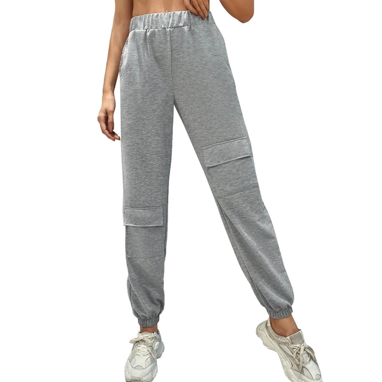 

European and American women's fashion high-waisted multi-pocket casual trousers sports trousers waist pants autumn and winter