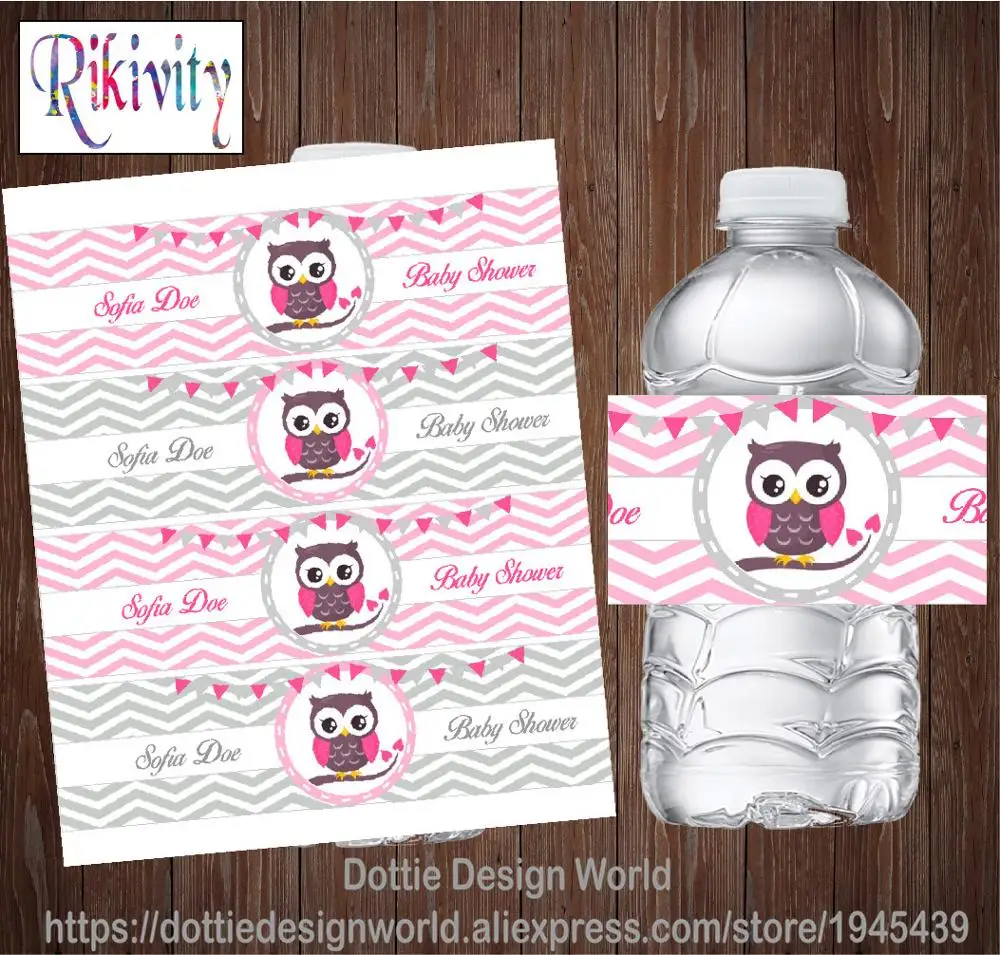 Персонализированные этикетки Rikivity для бутылки с водой в виде розовой совы