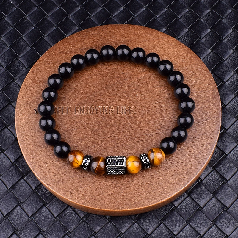 

Natural Onyx Tiger Eye Combination Stitching Cubic Zircon Hand Women Beads Bracelet Elastic Stretch Men Bracelet Gift