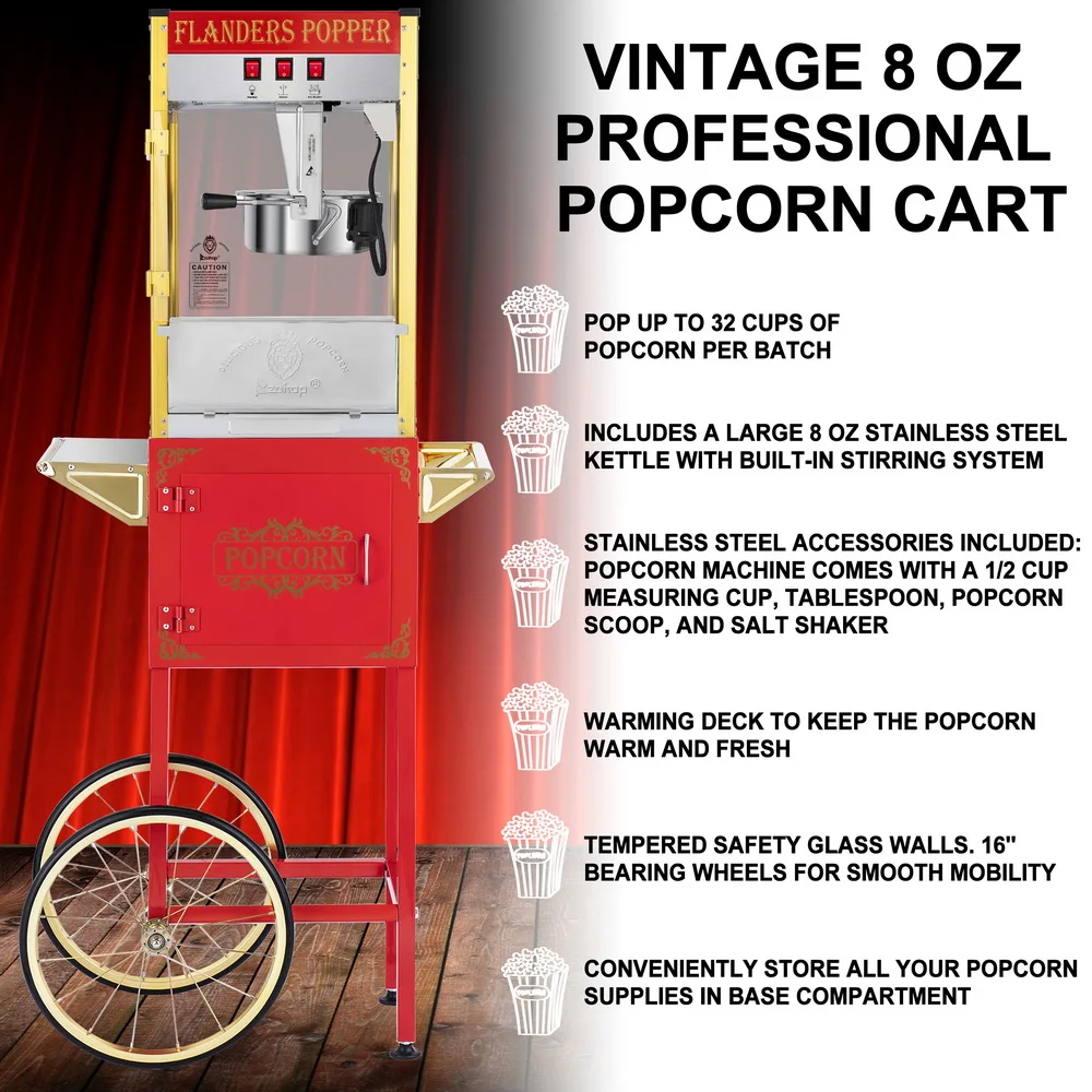 

(US) ZPMC-B Full Machine 850W 120V-60Hz 8oz Retro Single/Double Door Popcorn Machine with Cart Large Capacity For Home/Market