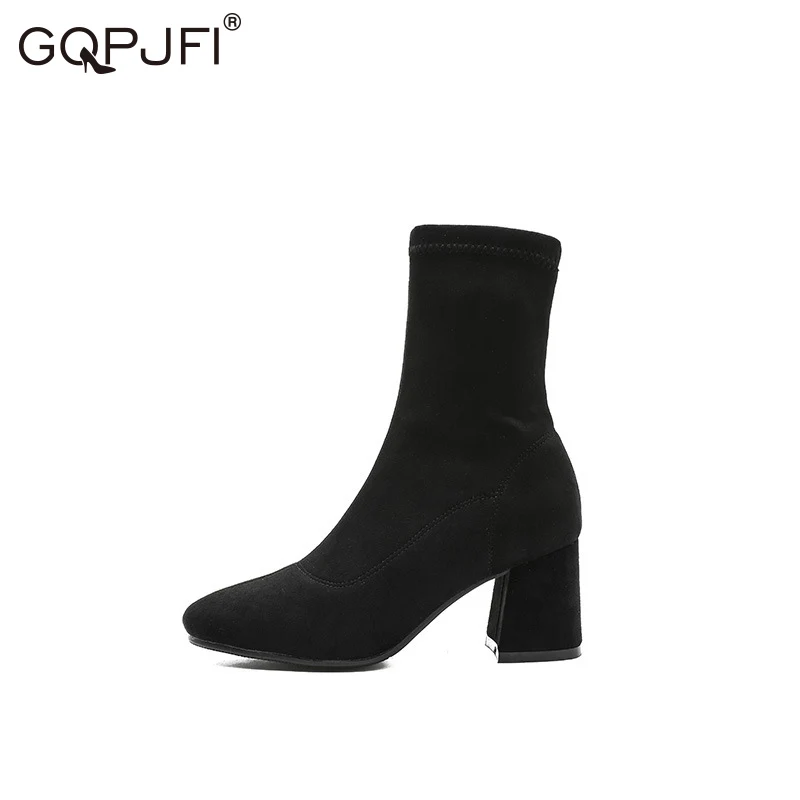 

New Autumn Winter Black High-heeled Sock Boots Faux Suede Women Shoes Round Head Thick Heel Simplicity Slip-On Martin Booties