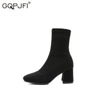 new autumn winter black high heeled sock boots faux suede women shoes round head thick heel simplicity slip on martin booties