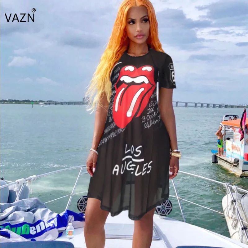 VAZN SHH8050 черный цвет молодой леди Примечание молодой сексуальный Модный Круглый вырез короткий рукав свободный женский миди платье Vestido
