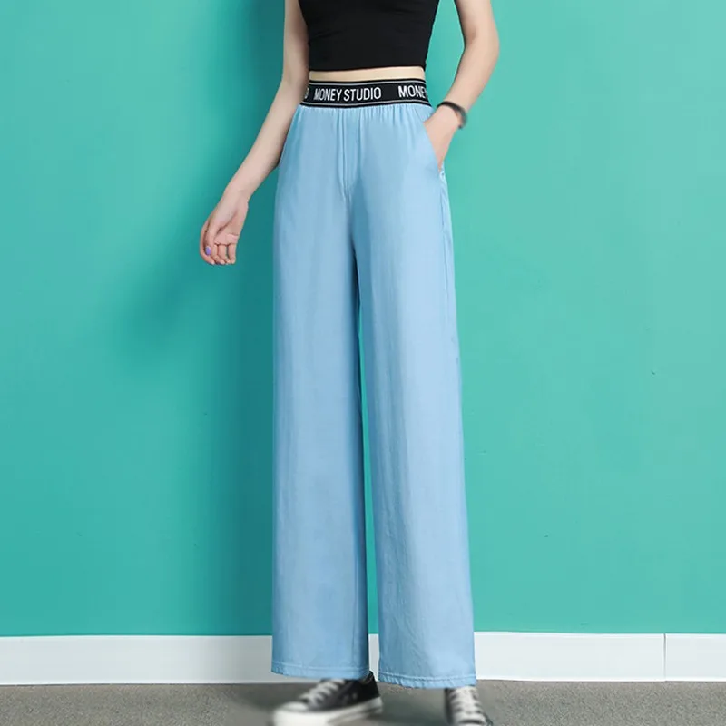 

Women's Letter Print Waist Summer Casual Loose Solid Color High Waist Wide Leg Pants Popular Thinning Elastic Pants #