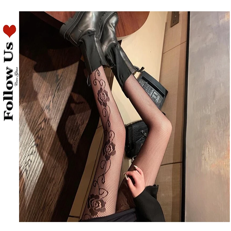 

Японские сексуальные колготки с цветком розы, тонкие готические черные колготки, ажурные шелковые сетчатые ажурные чулки для женщин