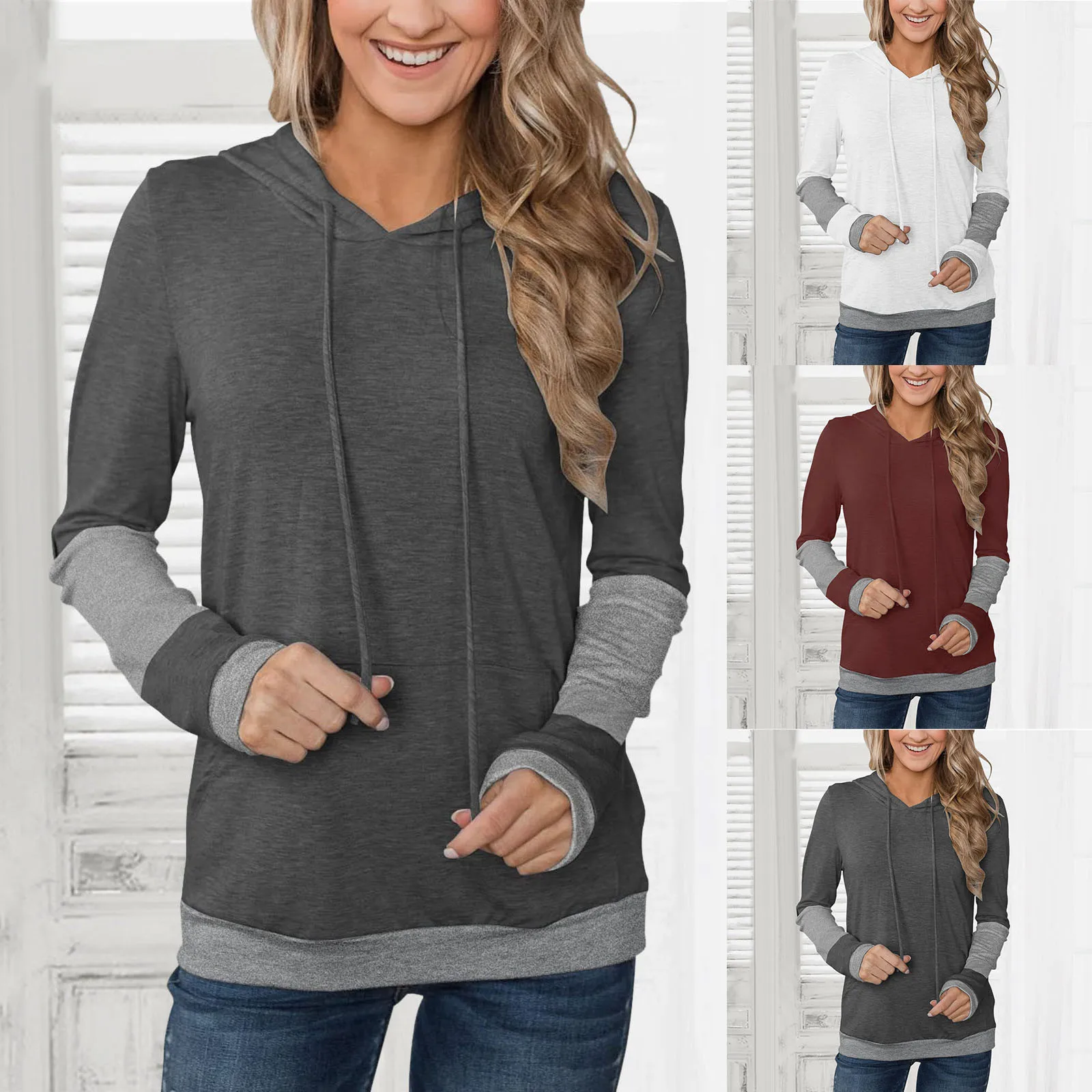 57# Women's Splicing Sweatshirts Long Sleeve Hoodies Sweatshirt Pullover Tops Blouse Pullover Hoodie Poleron Sudadera Mujer Tops