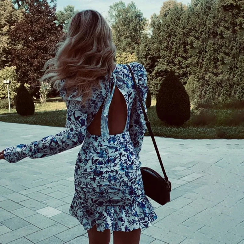 Женское платье на шнуровке с лямкой шее Цветочный принт сексуальное открытой