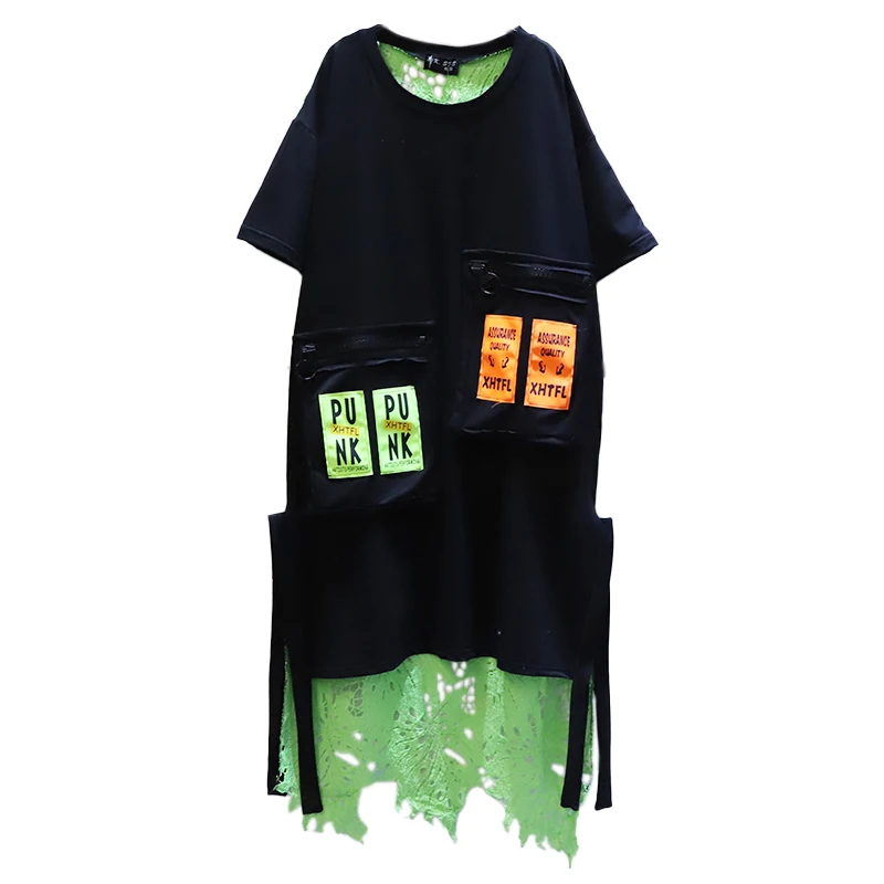 

IEQJ Patchwork Hollow Out Lace Women Panelled Green Dress New Round Neck Long Sleeve Over Size Casual Fashion Summer 2021