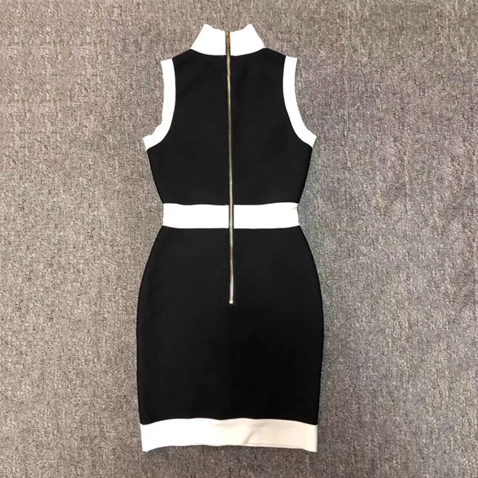 Женское Бандажное платье без рукавов черно-белое облегающее на пуговицах молнии