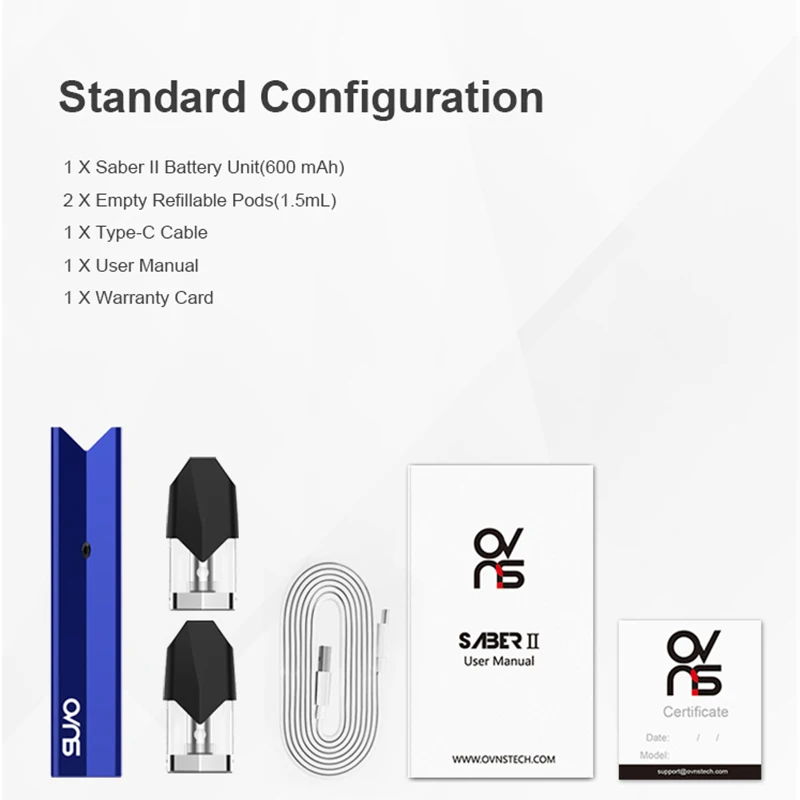 

Newest Original OVNS Saber II 600mAh Pod System Kit 1.5ml capacity cartridge & 1.4ohm dual ON-S cotton coil vape kit vs caliburn