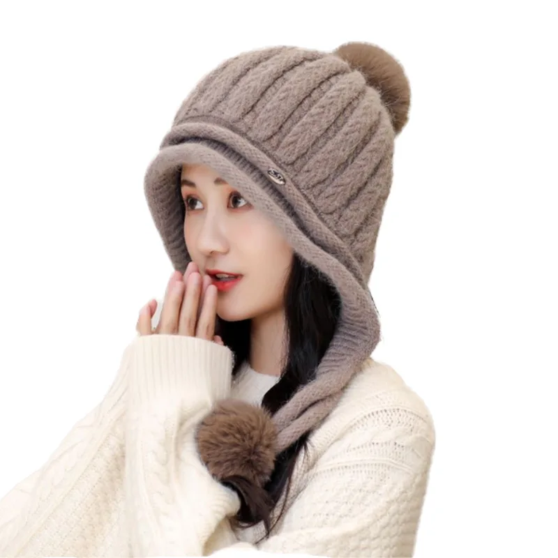 

Wool Chapeau Women's Knitted Fleece-lined Cap Winter Protection Bomber Hat With Velvet Thickness Warm 3 Balls for Girls