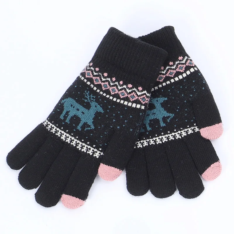 Black Winter Female Winter Vintage Deer Knitted Gloves Women Thicken Touch Screen Gloves Winter Warm Snow Elk Full Finger Mittens - Цвет: Black