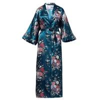 elegant dark green lady wedding robe kimono gown exquisite print flower sleepwear nightdress soft satin intimate bath gown 3xl