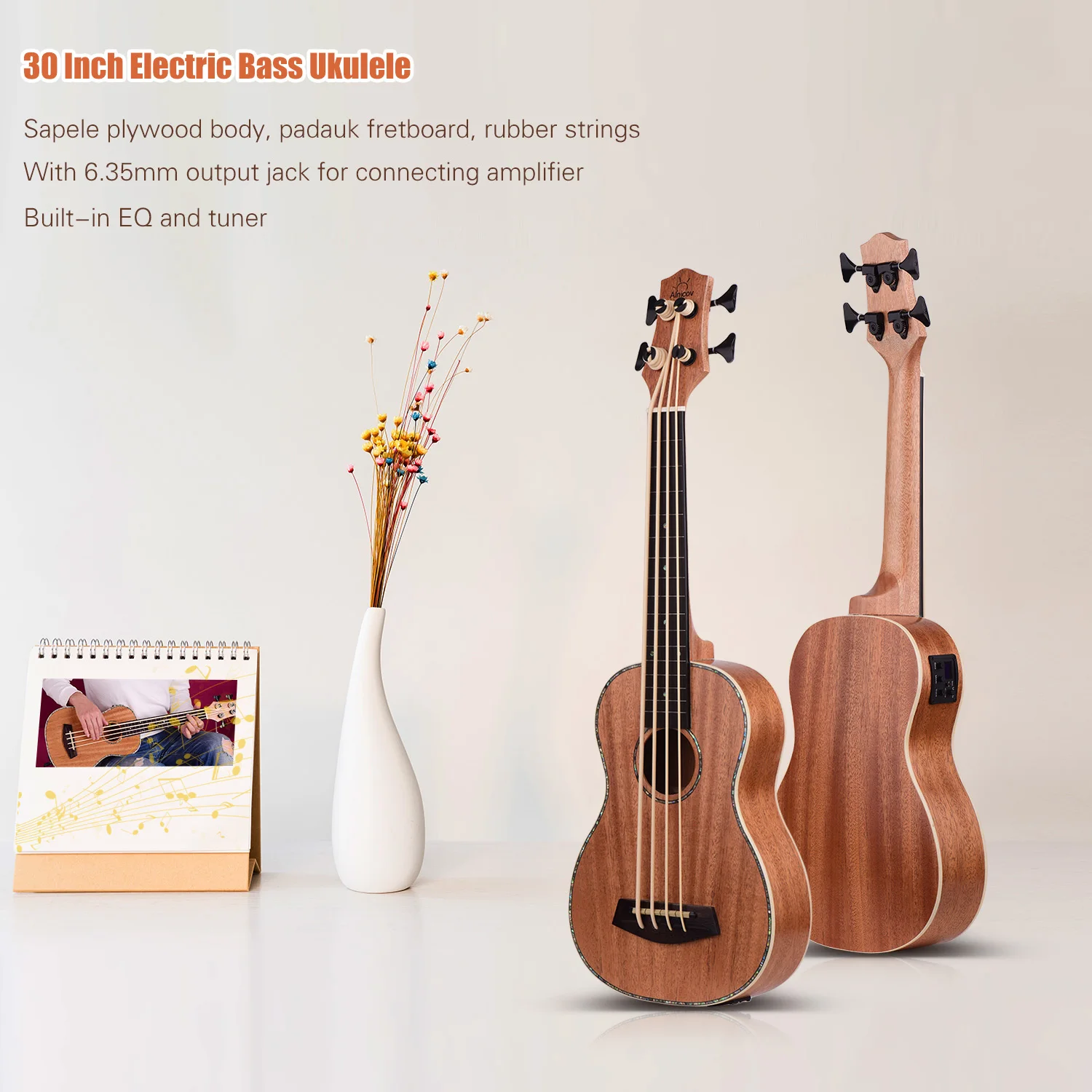 30 дюймов электрическая бас гитара укулеле ручной работы выполненная из Сапеле