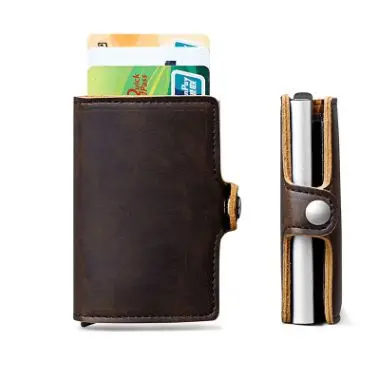 dark brown 3 Hasp мужской держатель для кредитных карт RFID Блокировка PU кожа Автоматический Бизнес ID держатель карты Алюминий Металл мужской кошелек-сумочка для карт - Цвет: dark brown 3