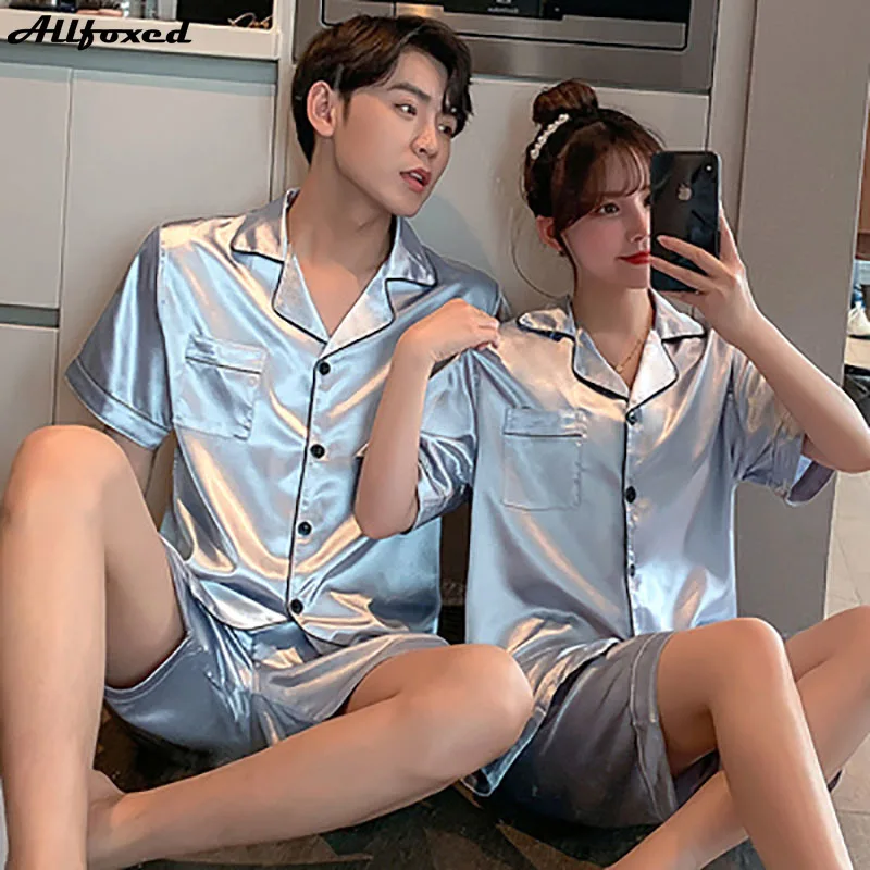 

Allfoxed Couple Lounge Wear Pajamas Set Silk Satin Short Sleeve Tops+pants 2 Pieces Set Sleepwear Pajama Women Men Set Summer