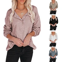 womens new round neck long sleeves with buttons pure cotton solid color fashion casual comfortable series t shirt