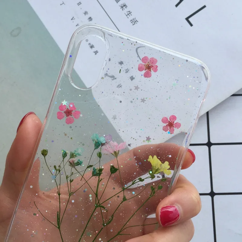 Tfshining настоящий прессованный высушенный чехол с цветами для iphone 11 11pro max X XR Xs max 6 6s 7 8 plus, прозрачный чехол, блестящий девчачий чехол