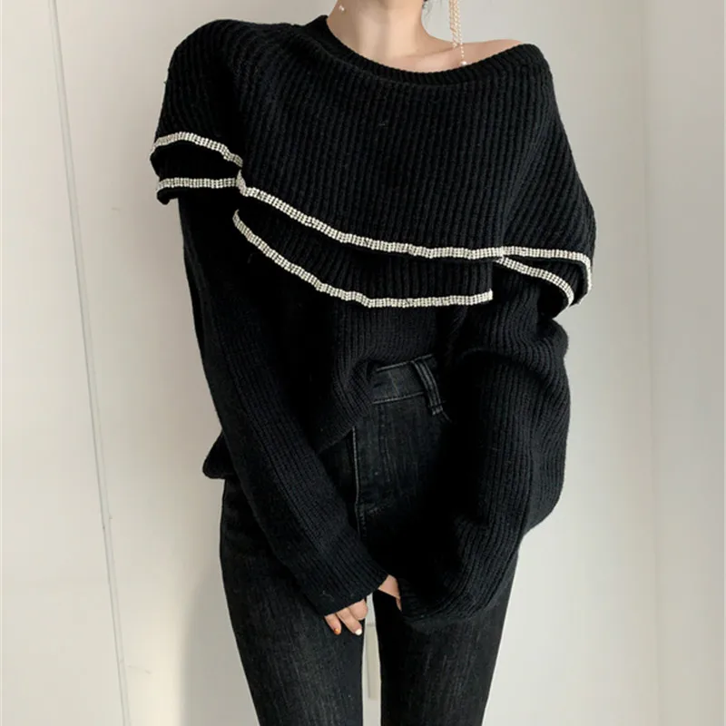 

Women's Casual Knitted Pullover Sweaters Oversized Solid Slash Neck Strapless Ruffles Knitting Pullover Autumn Spring 2021