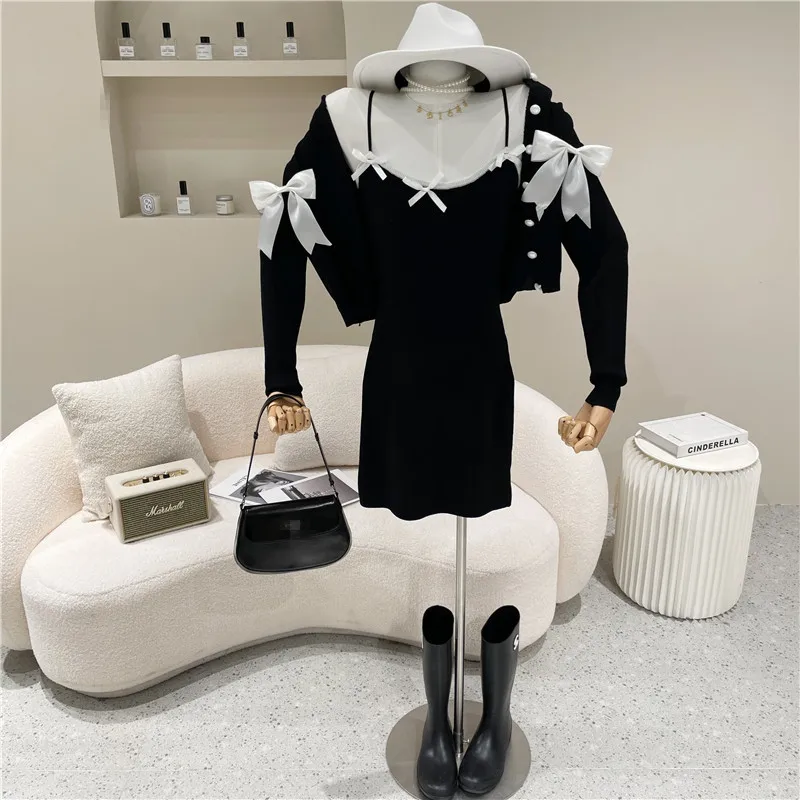 

Two piece set Women's Spring Summer 2021 Fashion Single breasted bow short knitted cardigan + slim fitting suspender skirt