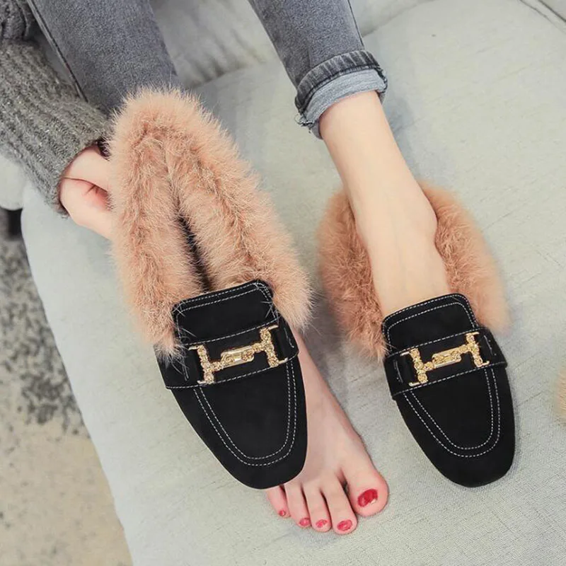 Обувь черного цвета из флока на плоской подошве с мехом Сезон осень зима Женские