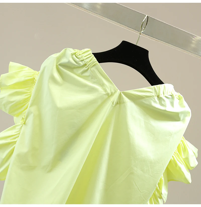 

2021 Summer Ruffled V-neck Ladies Shirt Korean Style Loose Slimming Elegant Pure Women Top Pleating Flying Sleeves Casual Blusas