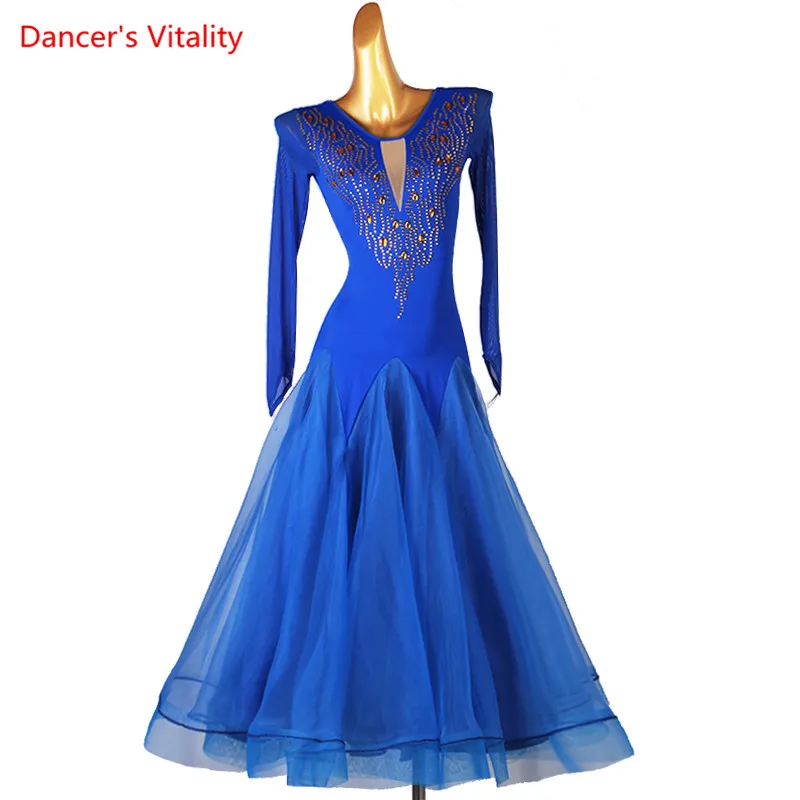 

Ballroom Dance Dress Mesh Diamond-Studded Long Skirt Performance Clothes Profession Custom Adult Child Competition Clothing