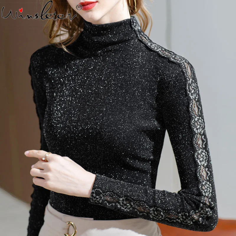 

Spring 2022 Black T-shirt Women Mesh Stretchy Shiny Tees Mock Neck Lace Embroidery Patchwork Long Sleeve Tops T1D910A