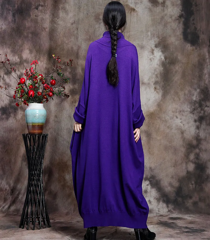 

Women bLUE bLACK kNITTED Maxi Dresses Round Neck High Waist Long spring warm Dresses A343