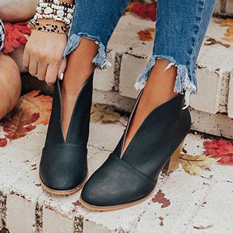 

2021 New Winter Women Boots V Cutout Ankle Boots Stacked Heel Booties Fahsion Chelsea Boots PU Botas Zapatos Mujer SIze 35-43