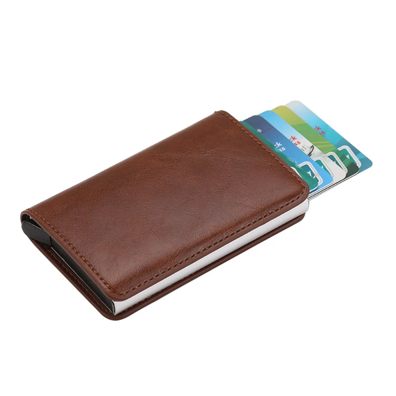 Кофе RFID Blocking Credit Card Holder Genuine Leather Men ID Card holder Mini Wallet Vintage Metal Automatic Anti-theft Card Wallet - Цвет: Кофе