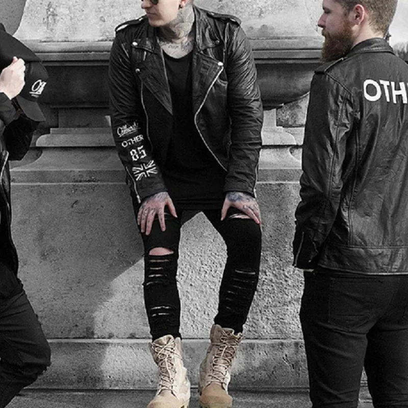 2019 мужские джинсовые брюки джинсы облегающие с дырками рваные в стиле хип хоп