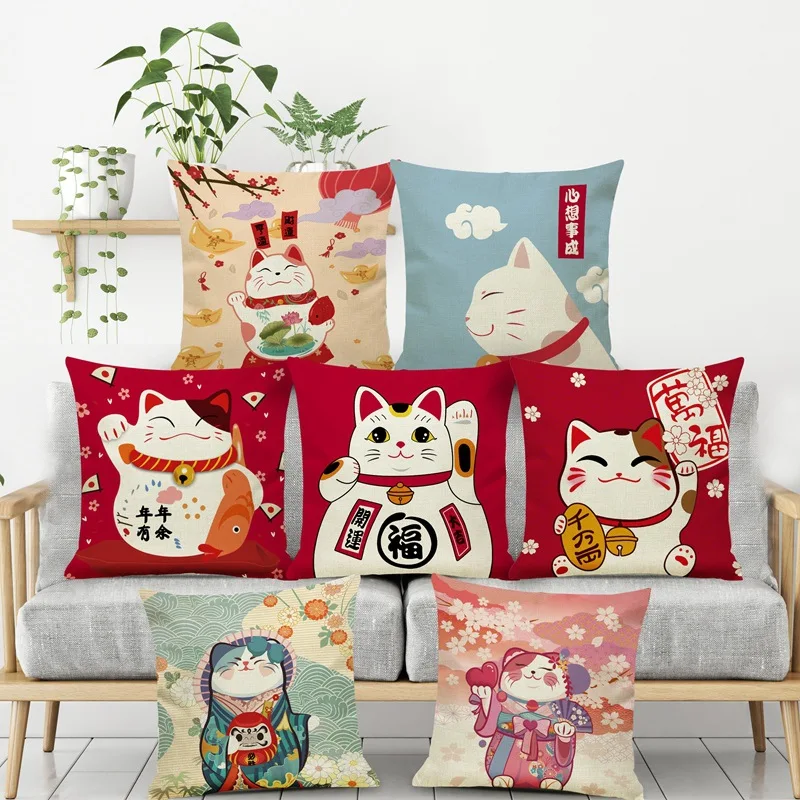 2021 Japanese lucky cat cushion cover 45*45 pillowcase sofa cushion pillowcase cotton and linen pillowcase home decoration