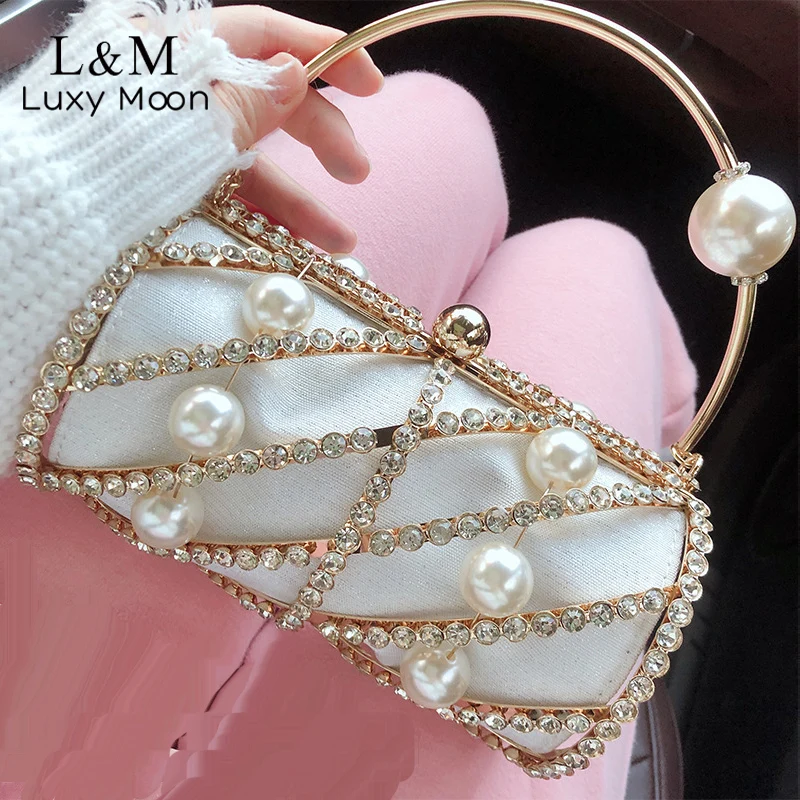 

Women Rhinestone Pearl Luxury Designer Handbag Hollow Out Evening Clutch Bag Party Dinner Small Purse Chain Messenger Bag X560H