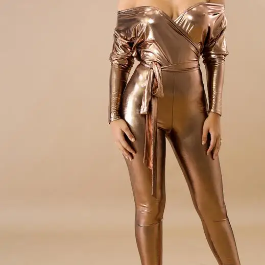Сексуальный облегающий женский комбинезон из искусственной кожи с глубоким