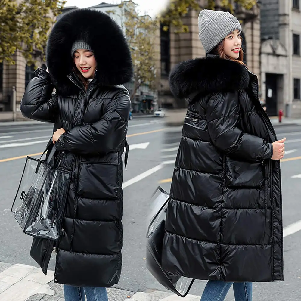 Vielleicht Winter Warm Glossy Parkas Women Fashion Fur Hooded Pockets Winter Coats Women Elegant Long Cotton Jackets Coat Female