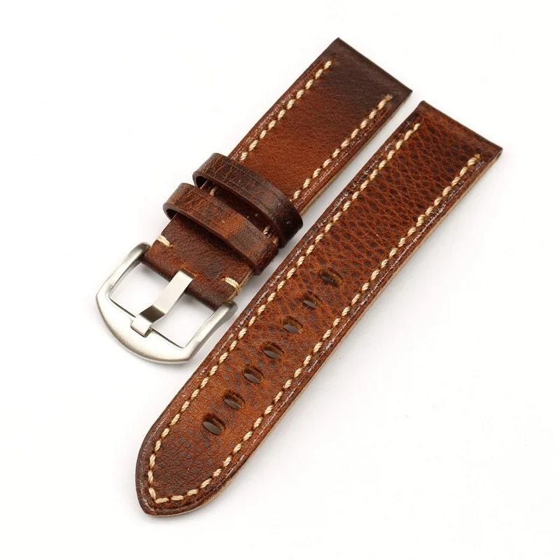 sliver buckle Винтажный коричневый, красный кожаный ремешок с зернистой текстурой 20 мм 22 мм 24 мм толстый и толстый мужской ремень для наручных часов подходит для кожаного ремешка Panerai - Цвет ремешка: sliver buckle