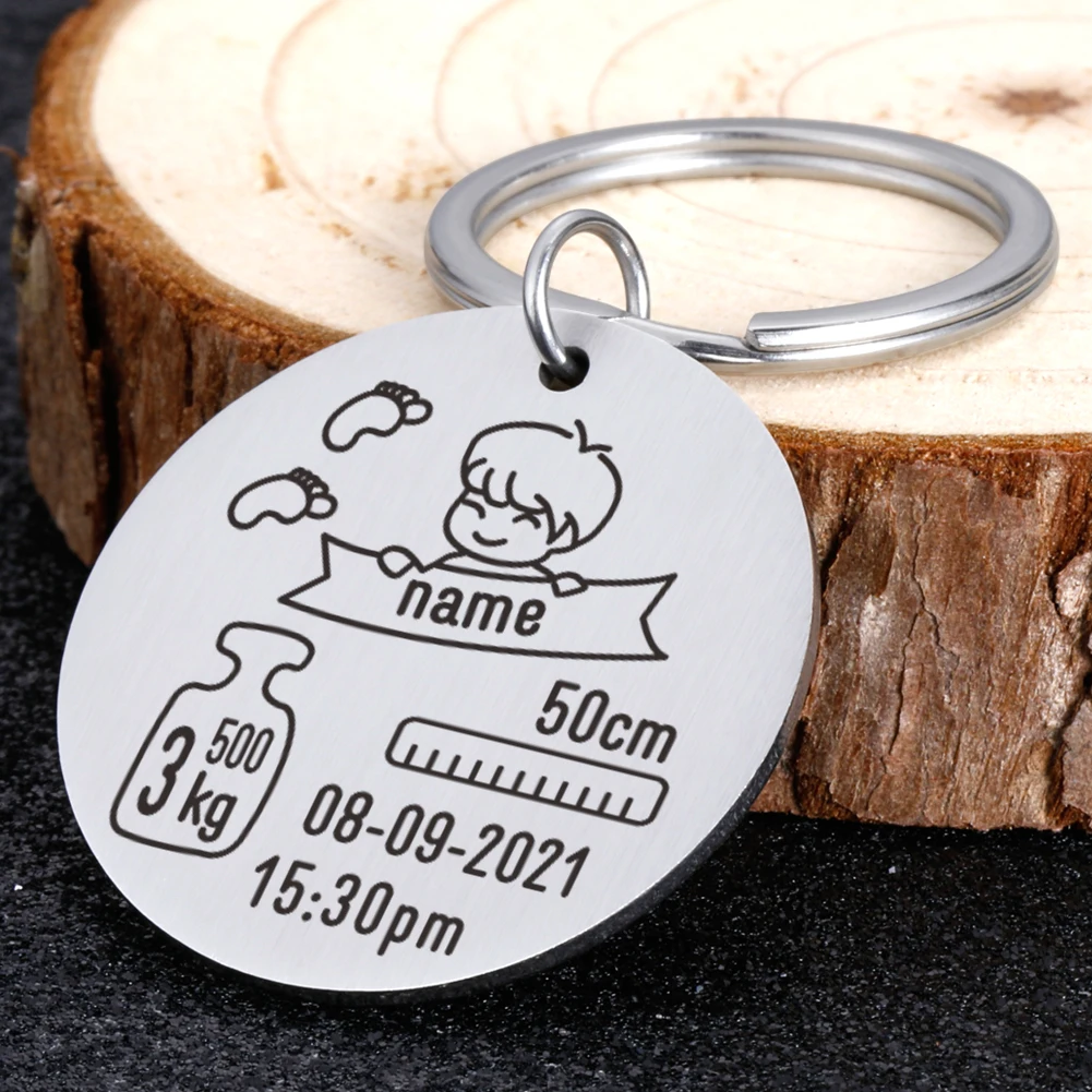 

Customized Baby Keychain Name Birth Weight Height For Newborn Commemorate New Mom Dad Gift Stainless Steel Personalized Keyring